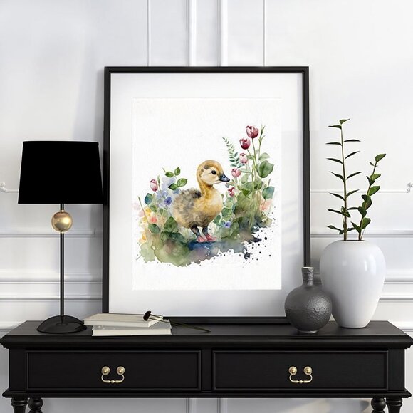 8x10 Cute Baby Gosling Floral Oil Painting Watercolor Art‎ Print - Picture 1 of 5